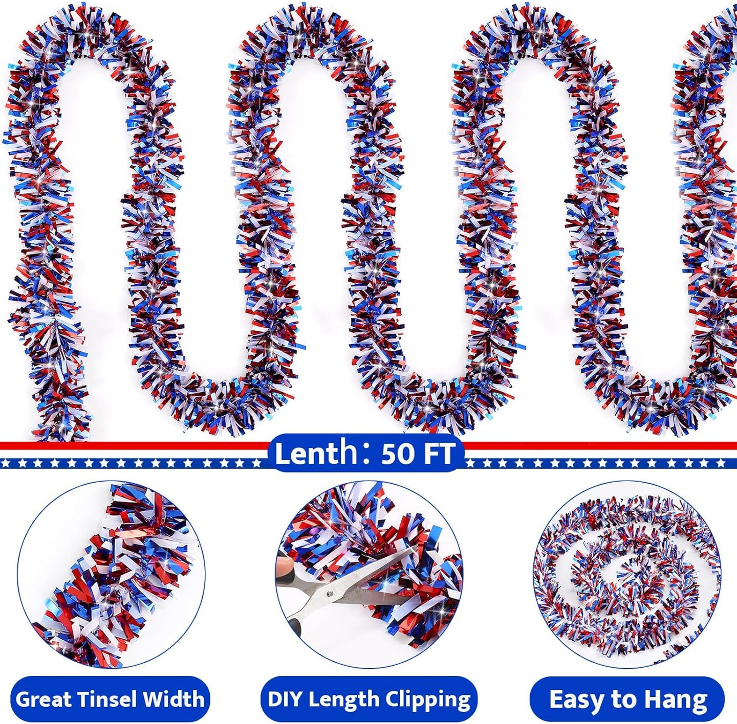 50FT 4th of July Decorations 4th of July Garland Patriotic Garlands Red White and Blue Tinsel Garlands for Party Holiday Memorial Day Independence Day 4th of July Decor