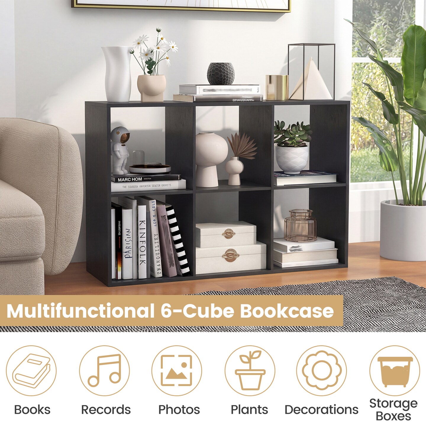 Freestanding Cube Storage Shelf Organizer Engineered Wood Bookcase with Open Compartments and Wide Tabletop for Home Office