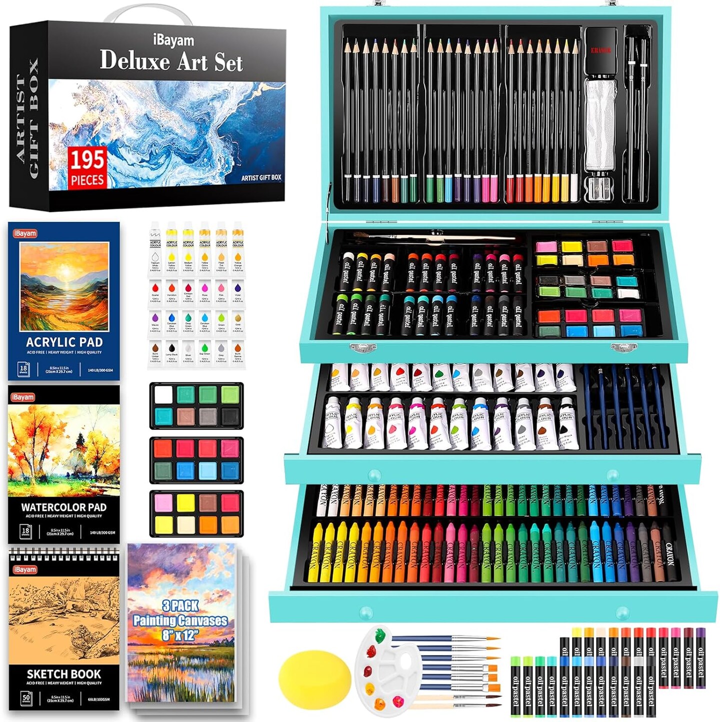 Deluxe Art Set, 195-Pack Artist Gift Box, Arts and Crafts Drawing Painting Kit Art Supplies for Adults and Children, Art Kits Paint Set with 24 Acrylic Paint, Sketchbook, Canvases, Crayons, and Pencils