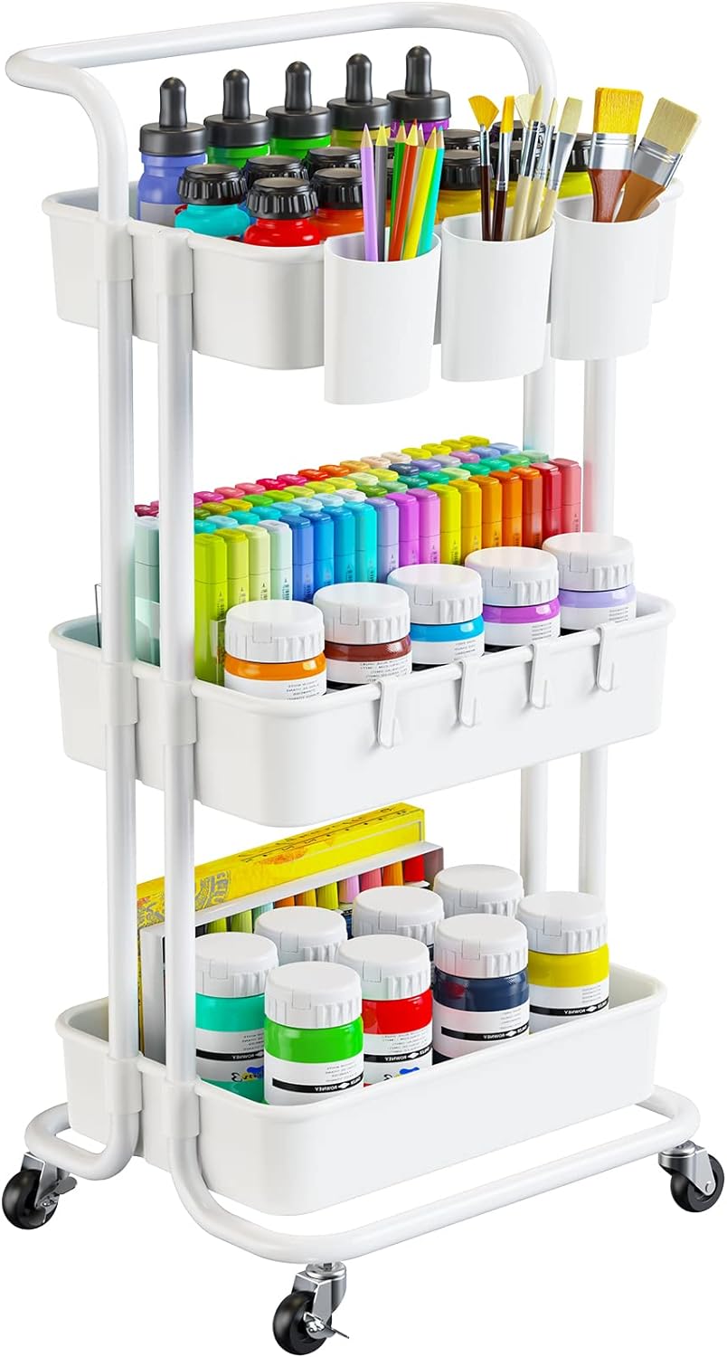 3-Tier Rolling Cart with Wheels - Rolling Storage Cart with Hanging Cups and Hooks - Mobile Utility Cart for Office, Kitchen, and Craft Room - Art &#x26; Craft Organiser, White, PIUC06W