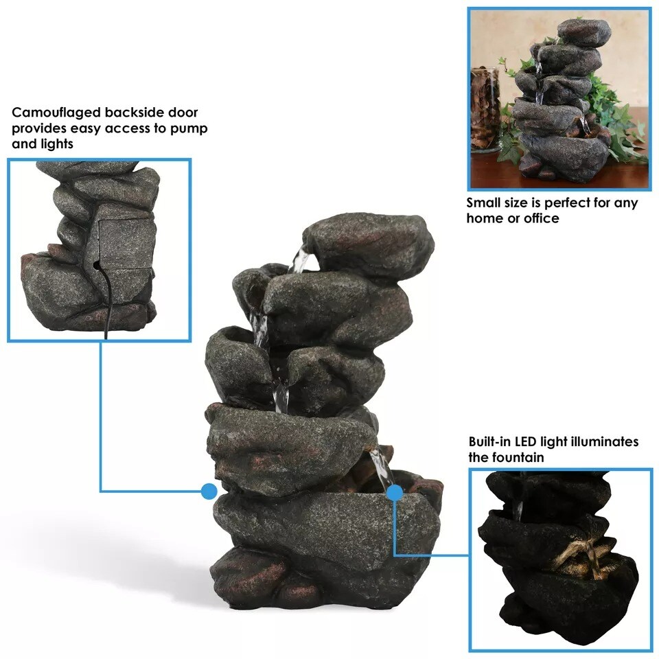 Rocky Falls Indoor Tabletop Water Fountain with LED Light - 10 in