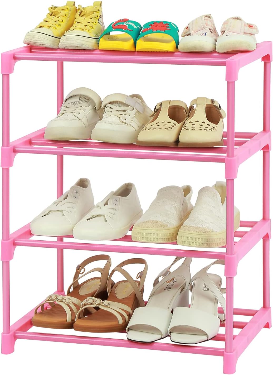 Kids Shoe Racks for Small Spaces: 4-Tier Freestanding Shoe Racks for 6&#x2013;8 Pairs of Shoes; Lightweight Stackable Shoe Shelf Organizer for Entryway, Doorway, and Closet; Pink