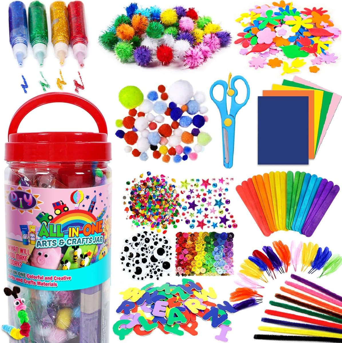 Arts and Crafts Supplies for Kids - Craft Kit with Glitter Glue Stick, Pipe Cleaners Craft and Craft Tools, DIY School Supplies Kit, Girls Toys, Gifts for Girls and Boys Ages 4+