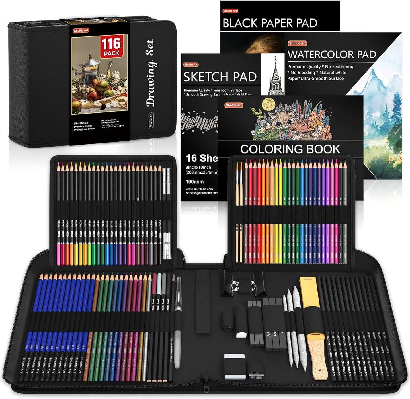 Art 116 PCS Drawing Kit, Complete Drawing Supplies with Sketch Pencils, Colored Pencils, Graphite, Charcoal Sticks, Professional Drawing Tools, and Paper Pads for Artists, Beginners, and Children