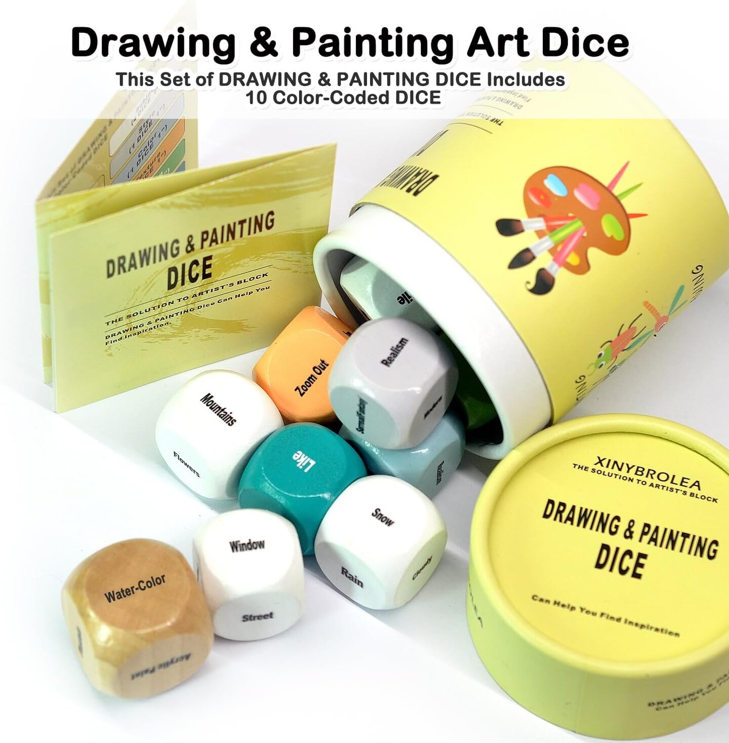 Drawing and Painting Art Dice Game for Artists, Teachers, and Students, A Solution to the Artist's Bottleneck, Set of 10 Wooden Dice for Creative Inspiration in the Studio and Classroom - Gift for Artists.