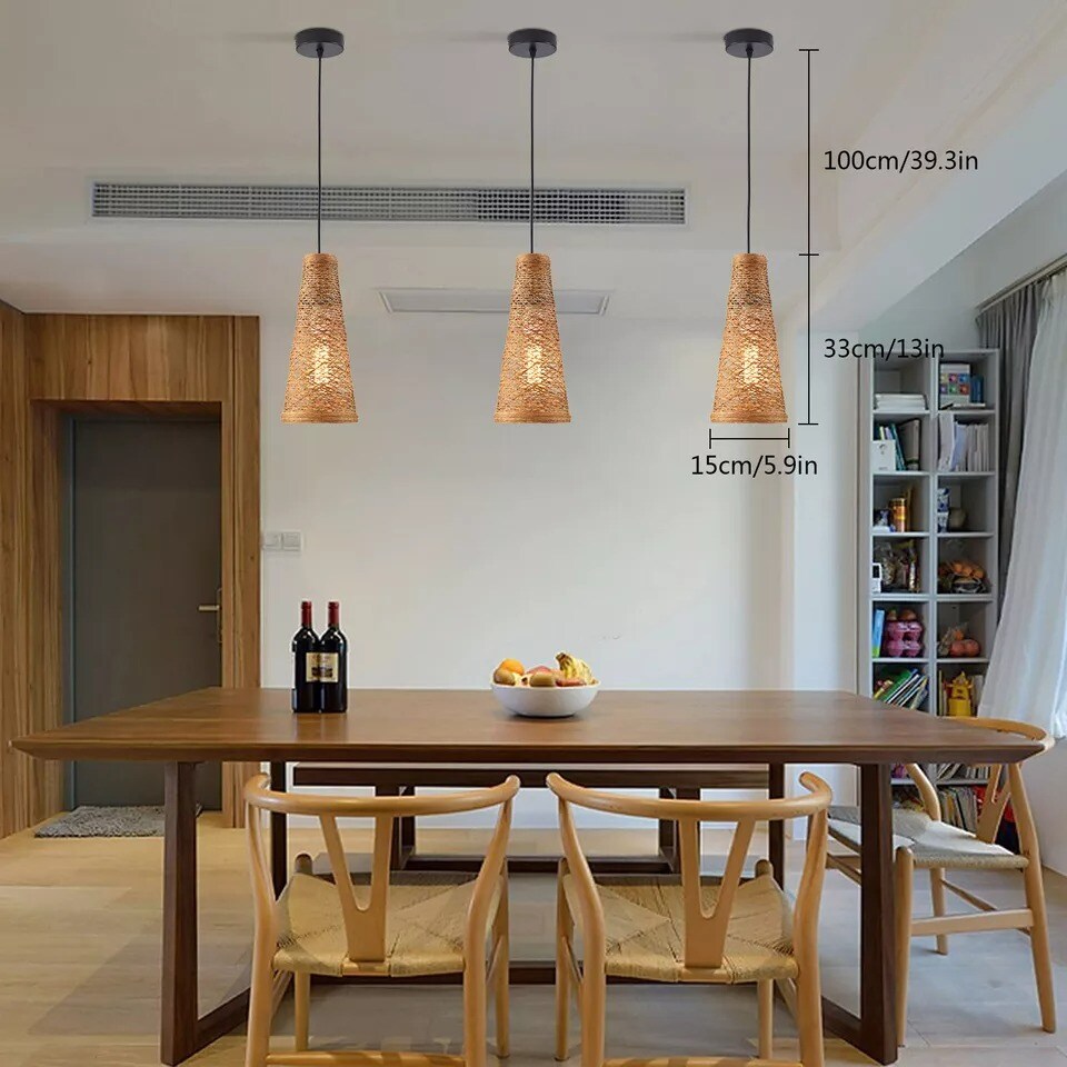 3Pcs Bamboo Wicker Rattan Shade Pendant Light Art Hanging Ceiling Lamp Fixture