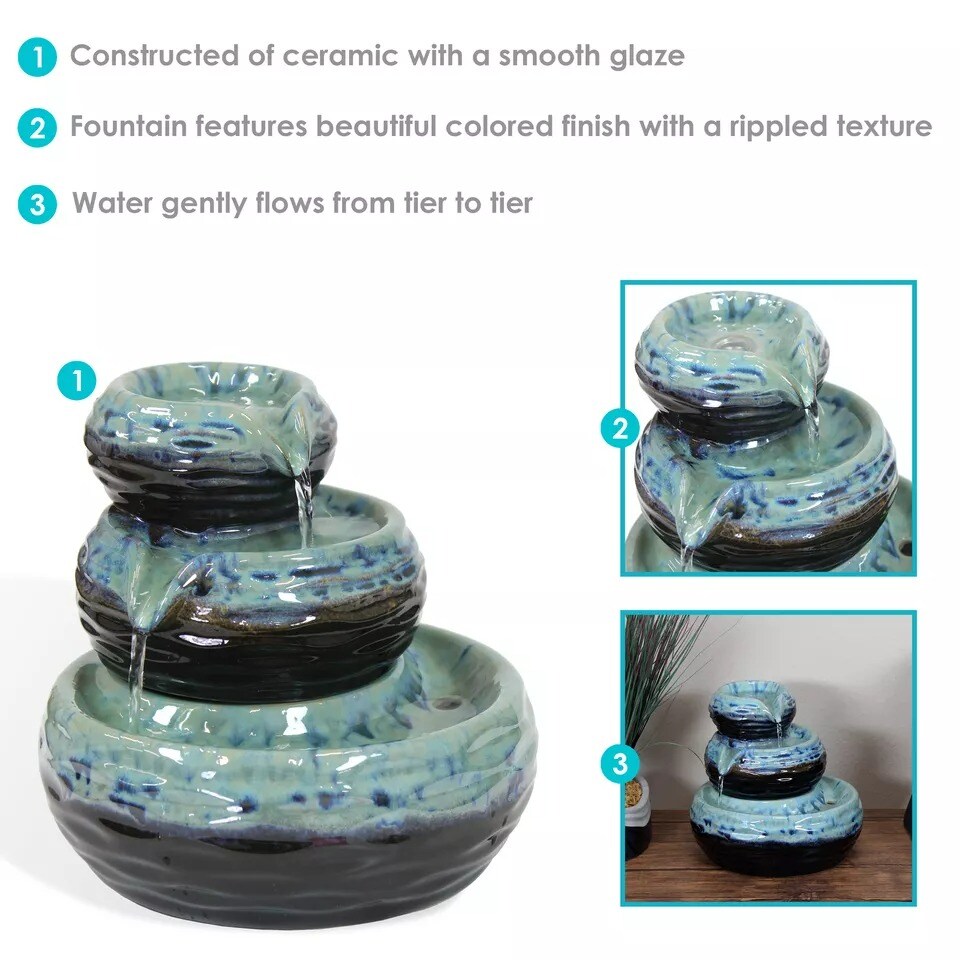 Modern Textured Bowls Ceramic Indoor 3-Tier Water Fountain - 7 in