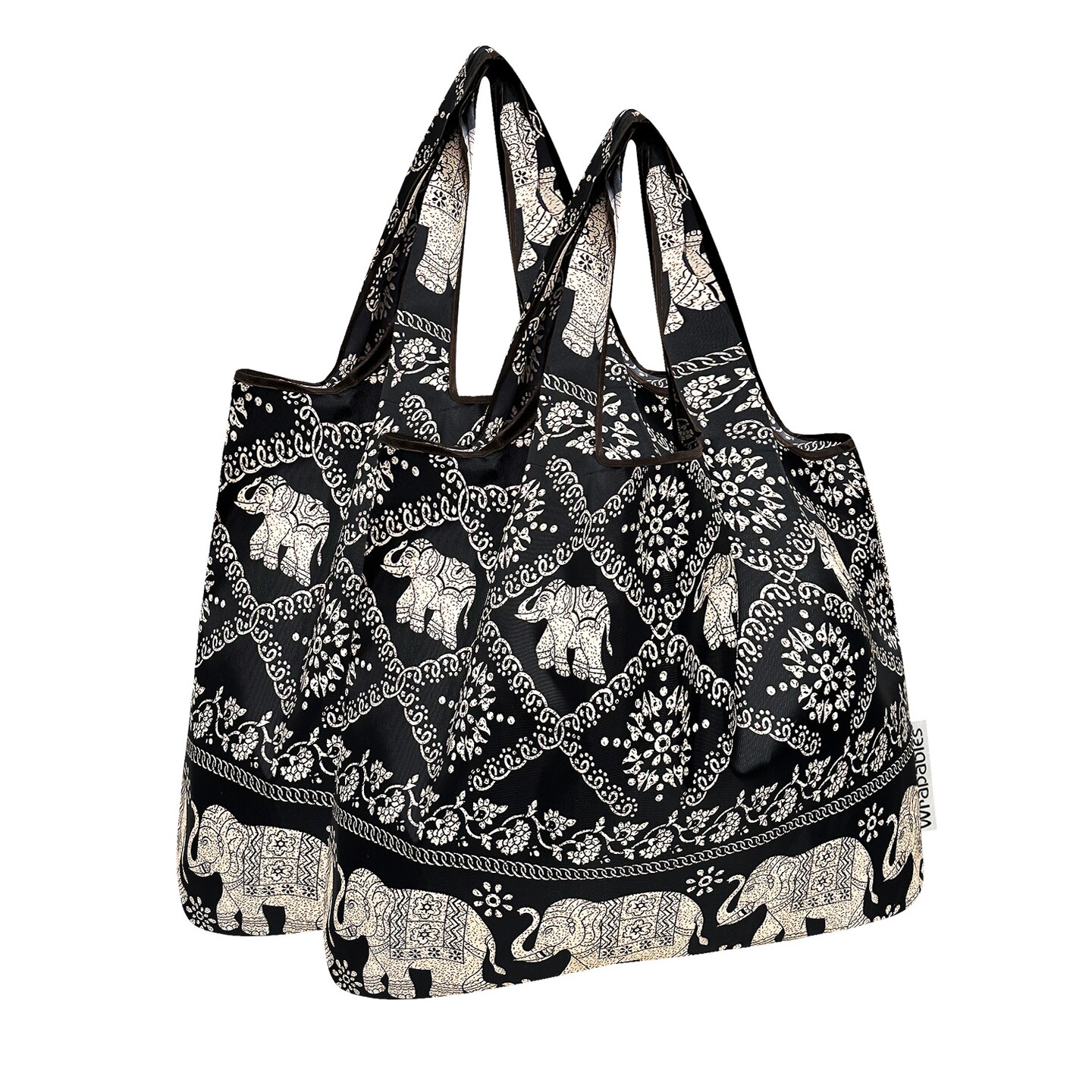 Wrapables Medium Foldable Tote Nylon Reusable Grocery Bag (Set of 2), Black Regal Elephants