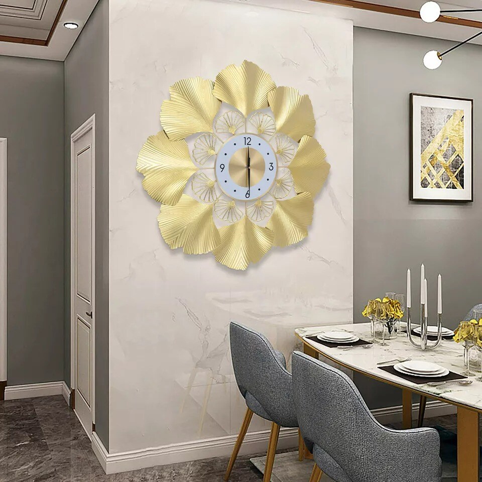 70cm Gold Round Ginkgo Biloba Wall Clock Large Wall Watch Living Room Home Decor
