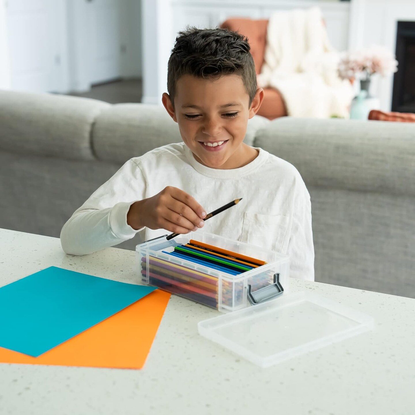 Grey Clips, 2 Pack, Extra Large Pencil Box. Pencils, rulers, art supplies, markers, and crayons are all organized in stackable storage bins. Lid-equipped transparent plastic containers.