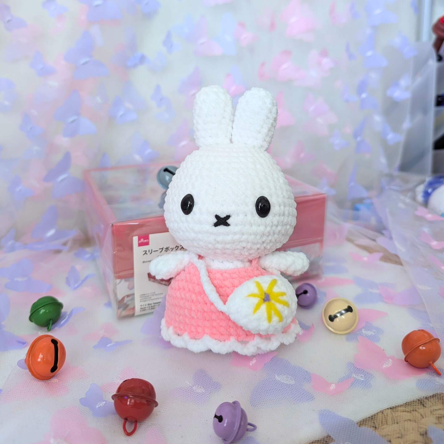 Miffyi Blue Dress with Daisy Bag Crocheted Plush, Little Bunny