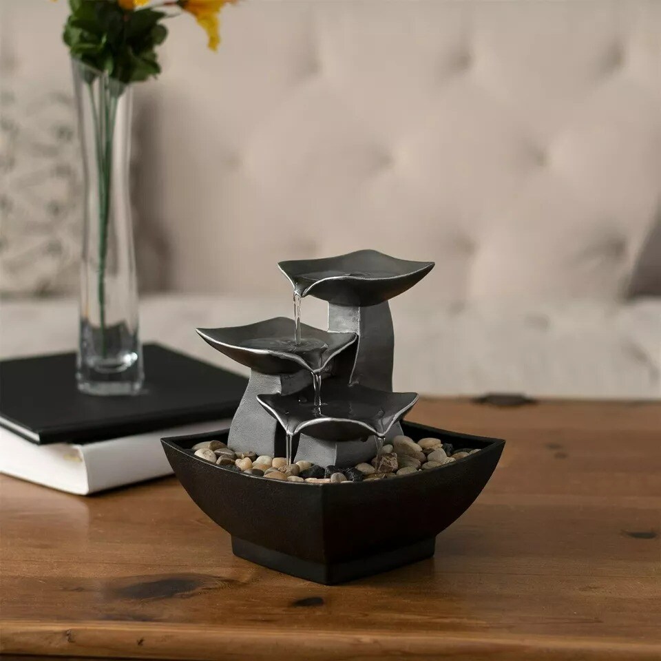 Tabletop Water Fountain Raku Bowls Waterfall Effect River Rocks Soothing Sound