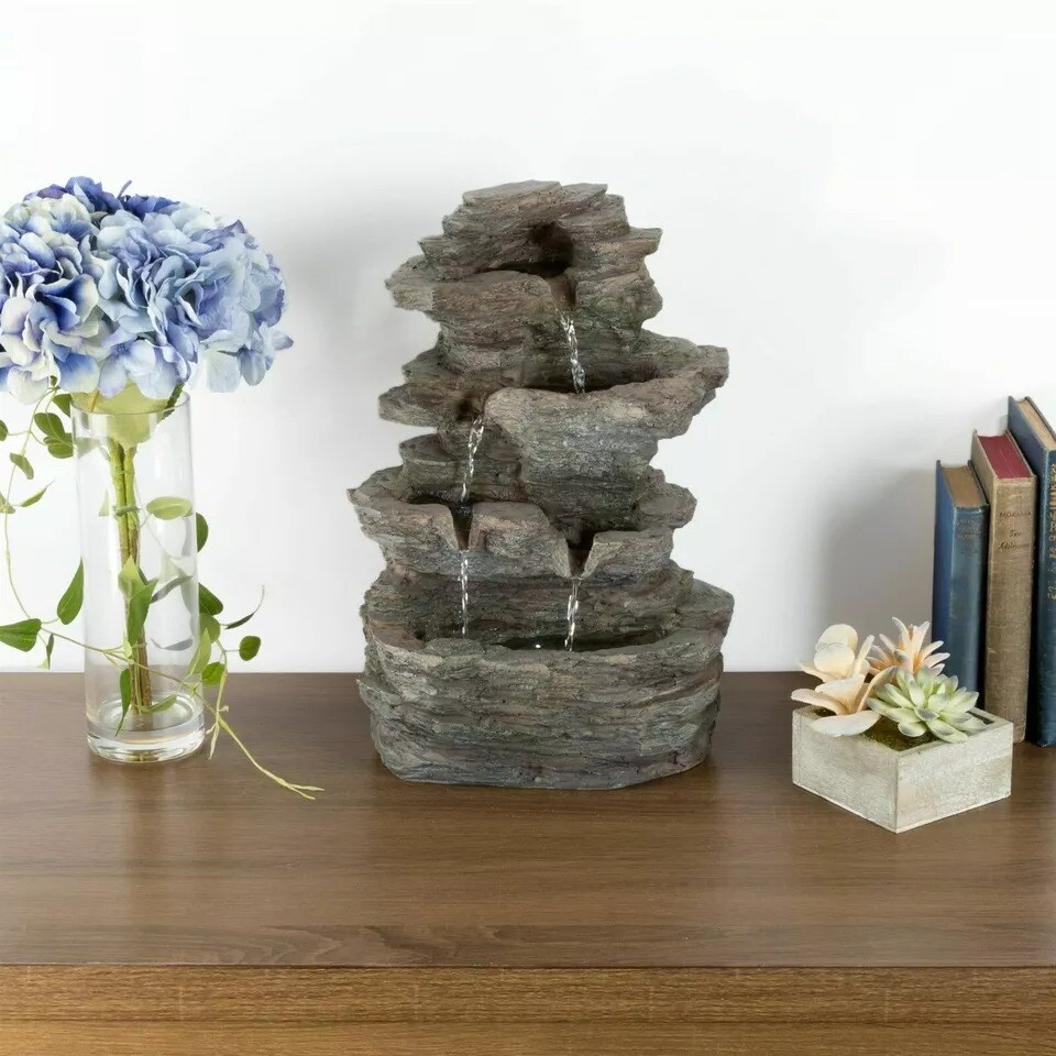 Tabletop Water Fountain LED Lights Cascading Stone Rock Falls 15.5 Inches High