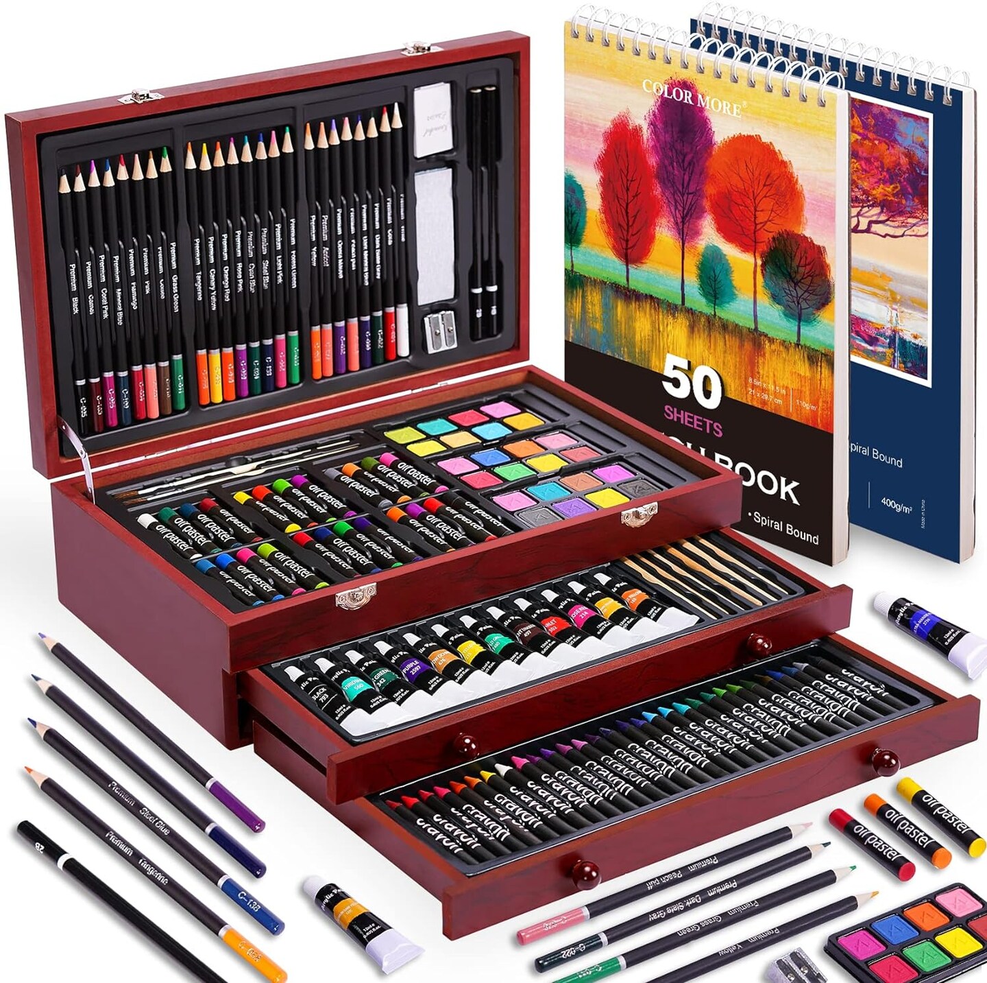 The 175-piece Deluxe Art Set includes two drawing pads, acrylic paints, crayons, and colored pencils. Set in Wooden Case, Professional Art Kit for Adults, Teens, and Artists, Paint Supplies