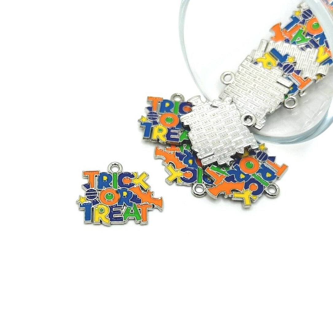 Silver Trick or Treat Halloween Charms, 20x24mm