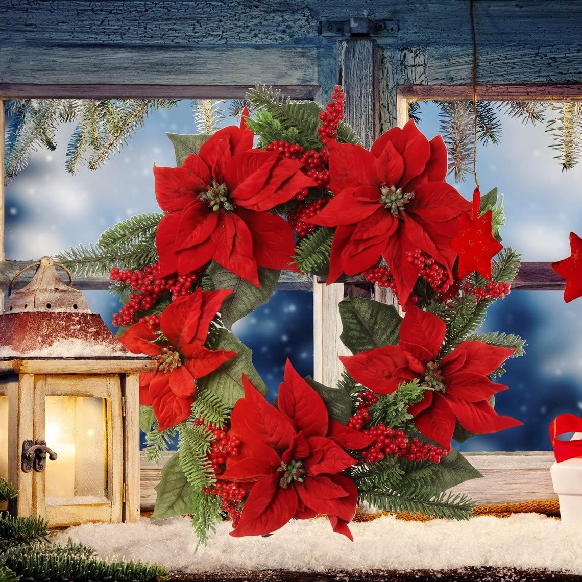 22" Red Velvet Poinsettia Christmas Wreath with Silk Flowers & Berries, Elegant Holiday Door Decor - 2024 Christmas Collection, Floral Home by Artificial Flowers