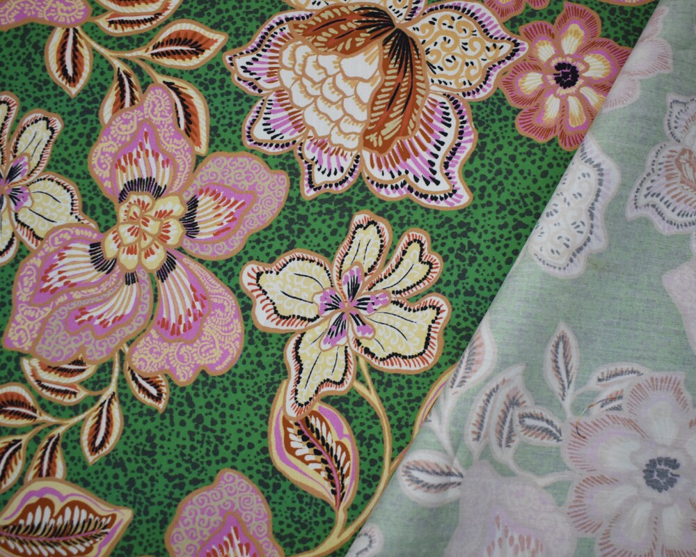 Green-Pink-Multi Cotton Floral Printed Broadcloth Woven Fabric By the Yard