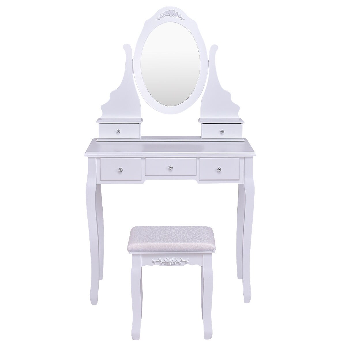 Wooden Vanity Set with 360 Degree Rotating Oval Mirror and Cushioned Stool
