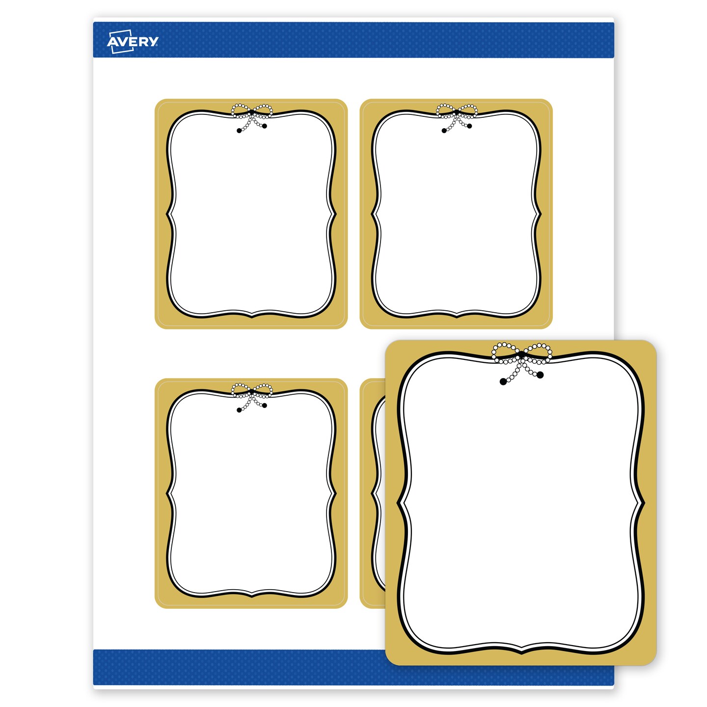 Avery Printable Rectangle Labels with Sure Feed Technology, 4" x 3-1/3", Pre-printed Metallic Gold Border with Black Bow Design, Matte White, Laser & Inkjet Compatible, 40 Total