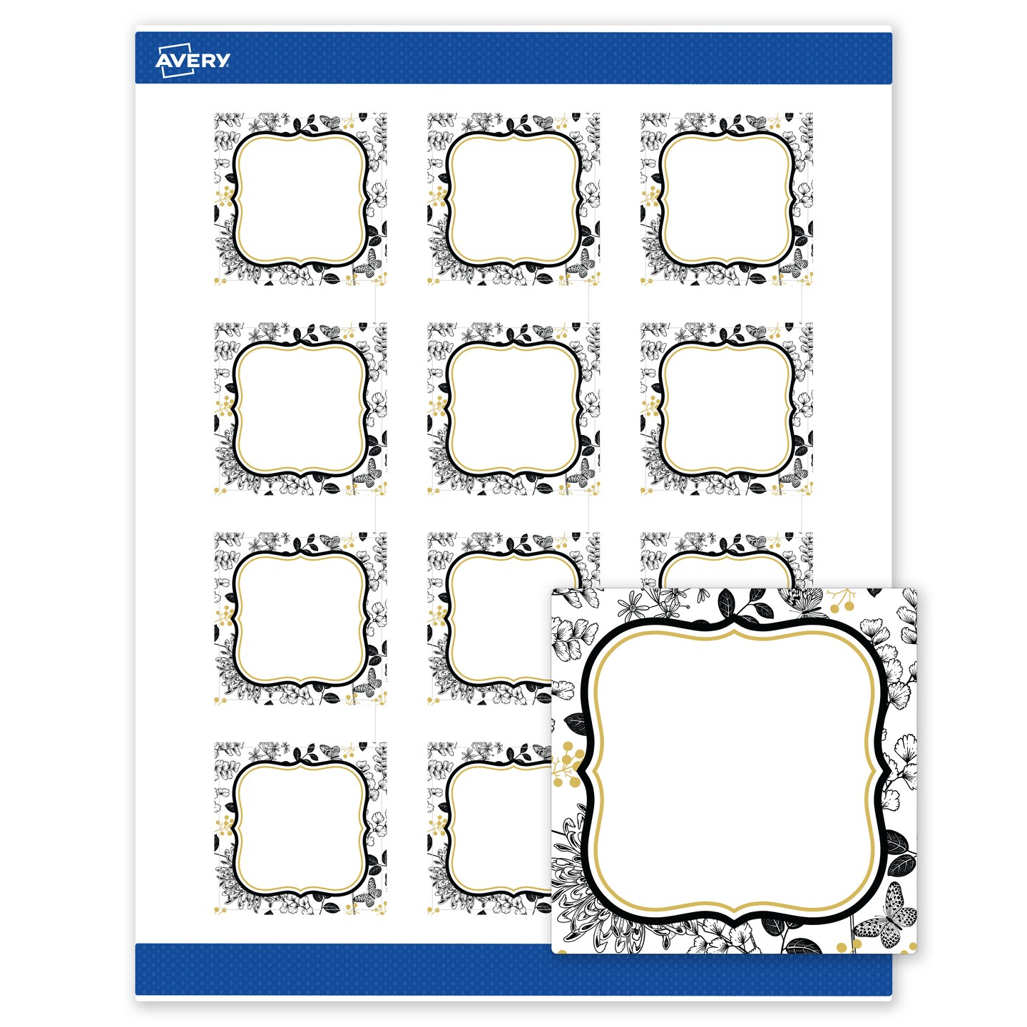 Avery Printable Square Labels, 2" x 2", Matte White, Pre-printed Flourished Gold & Black Florals Design, Sure Feed Technology, Laser & Inkjet Compatible, 240 Total