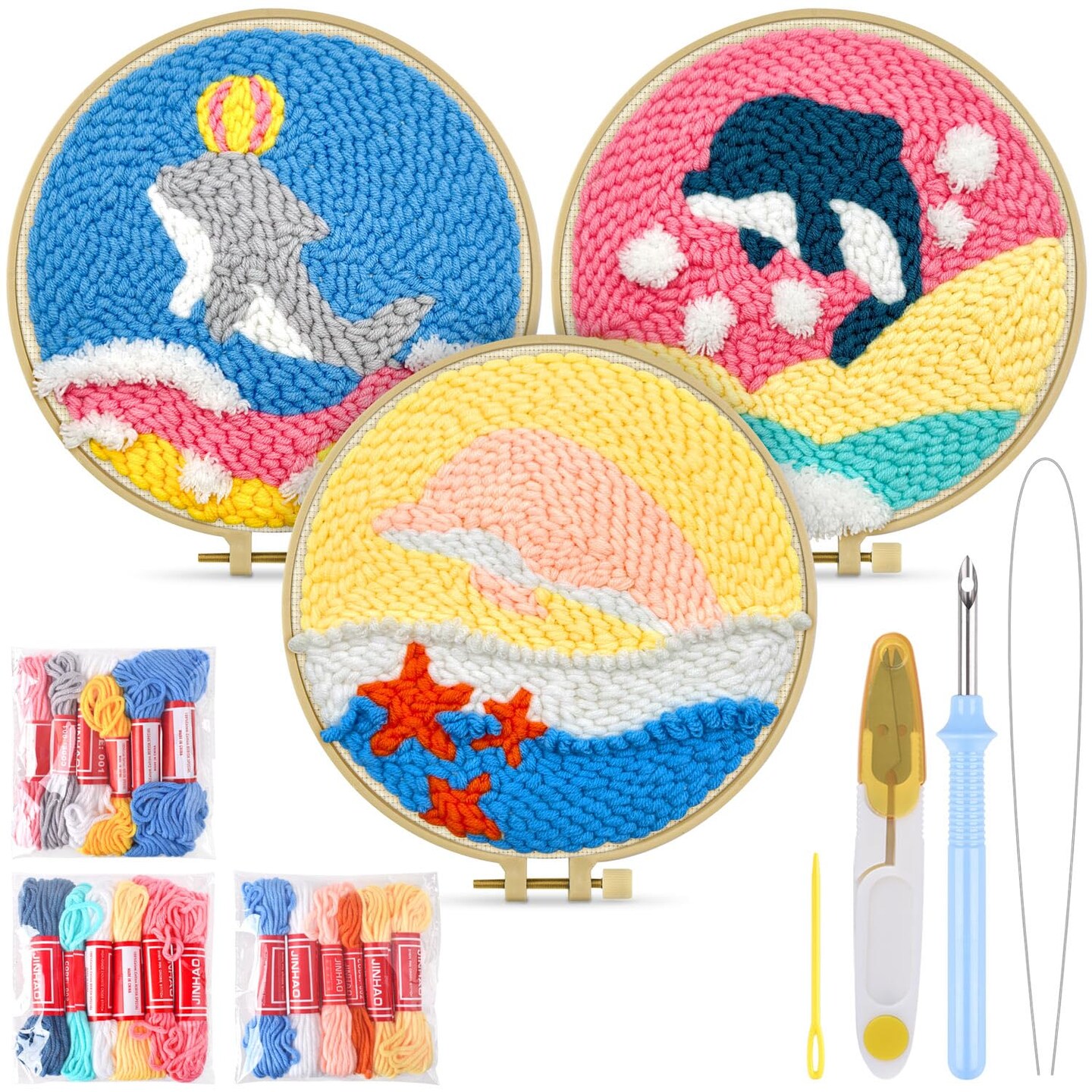 Punch Needle Kits, 3 Pack Punch Needle Embroidery Kits for Adults Beginner, Tool with Punch Needle Fabric, Hoops, Yarns and Sewing Needles (Dolphin)