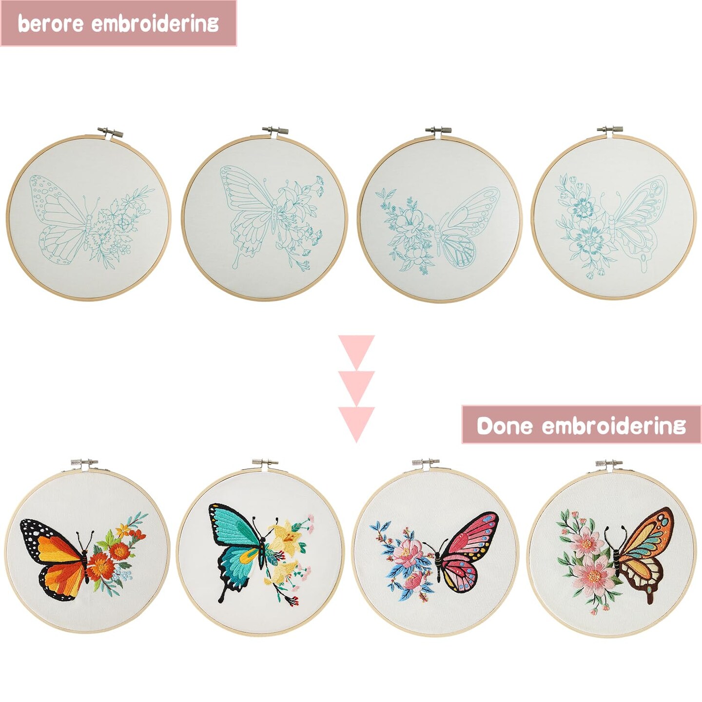 4 Sets Embroidery Set for Beginners, Art Craft, Easy Sewing, Includes Embroidery Clothing, Pattern, Embroidery Hoop, Instruction Manual, Colorful Thread Needles Set (Butterfly)
