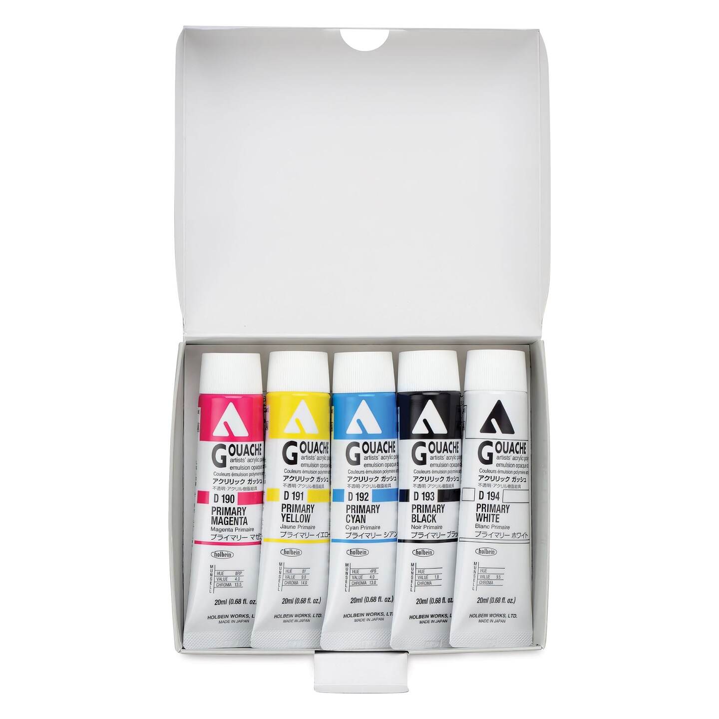 Holbein Acrylic Gouache - Set of 5, Primary Colors, 20 ml Tubes
