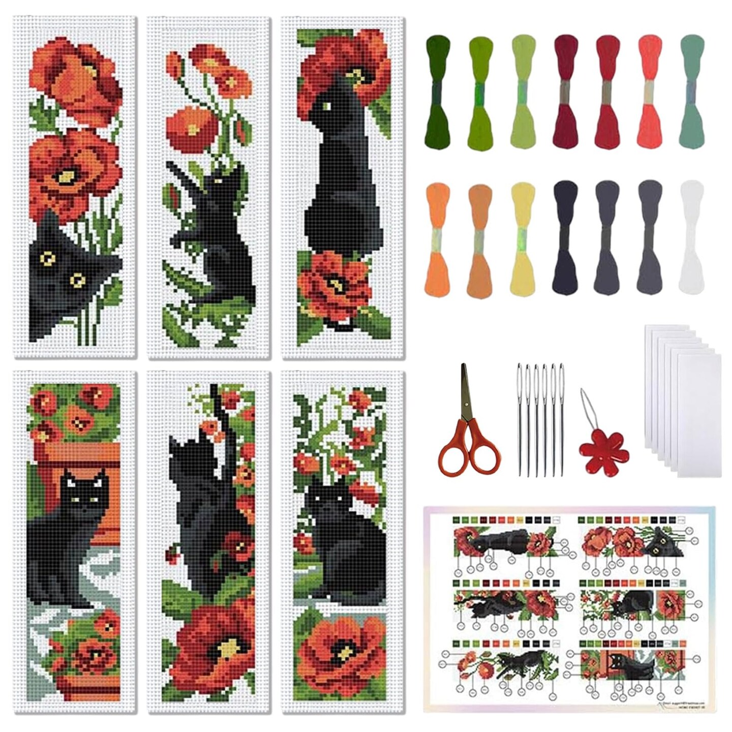 6Pcs Cross Stitch Bookmark Kits Cat Stamped Embroidery Bookmarks Beginner Embroidery Kit with Instructions Counted Cross Stitch Kit for Hand Embroidery Adults