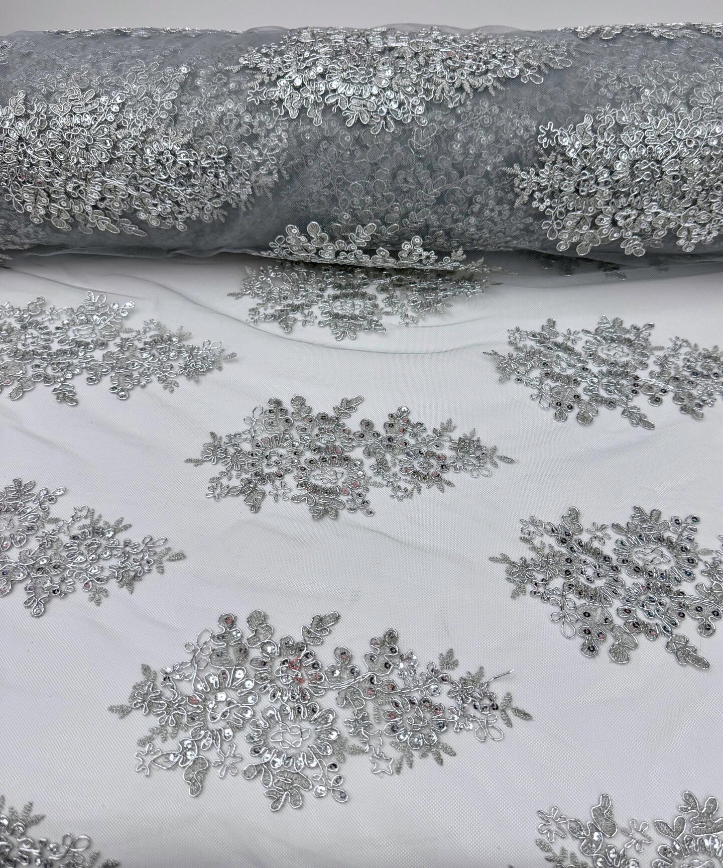 Silver Sequin Embroidered Lace Fabric by the Yard, 54" Wide Floral Mesh Lace with Double Scalloped Edges