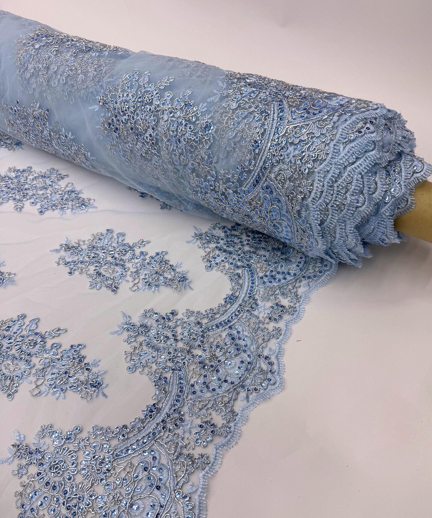 Light Blue Sequin Embroidered Lace Fabric by the Yard, 54" Wide Floral Mesh Lace with Double Scalloped Edges