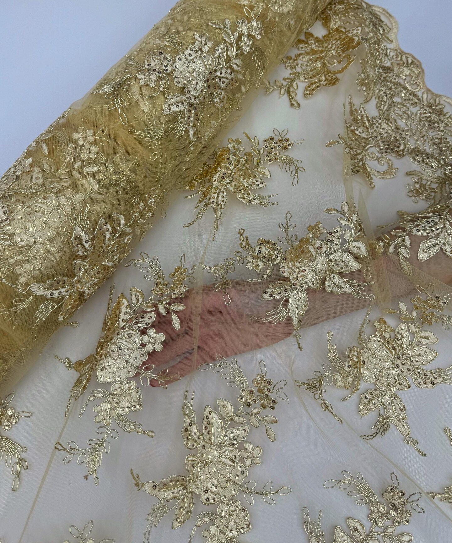 Gold Sequin Embroidered Lace Fabric by the Yard, 54" Wide Floral Mesh Lace with Double Scalloped Edges