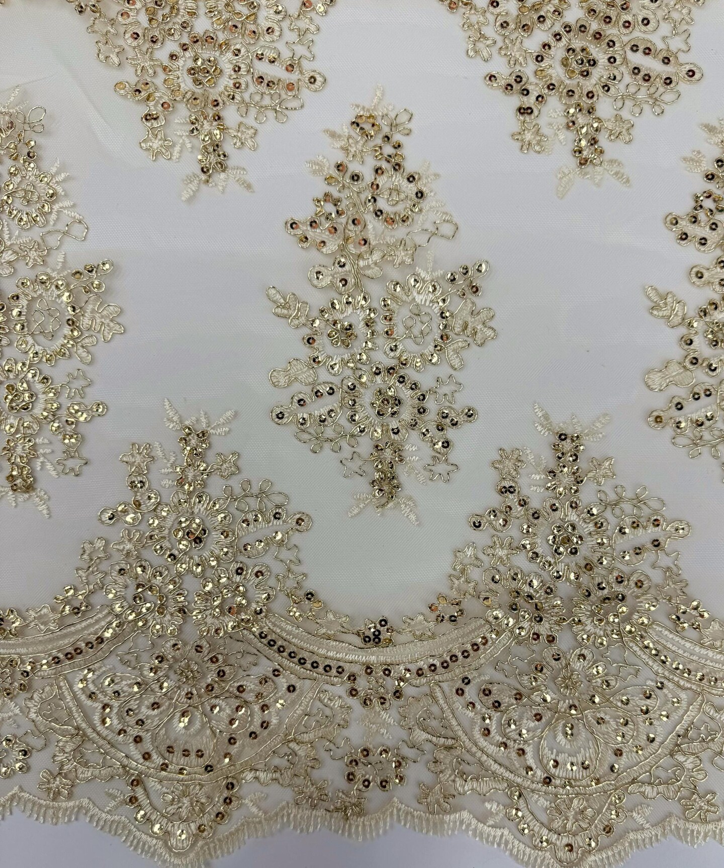 Champagne Embroidered Lace Table Runner by the Yard, 20" Wide Sequin Mesh Lace Trim with Scalloped Edges