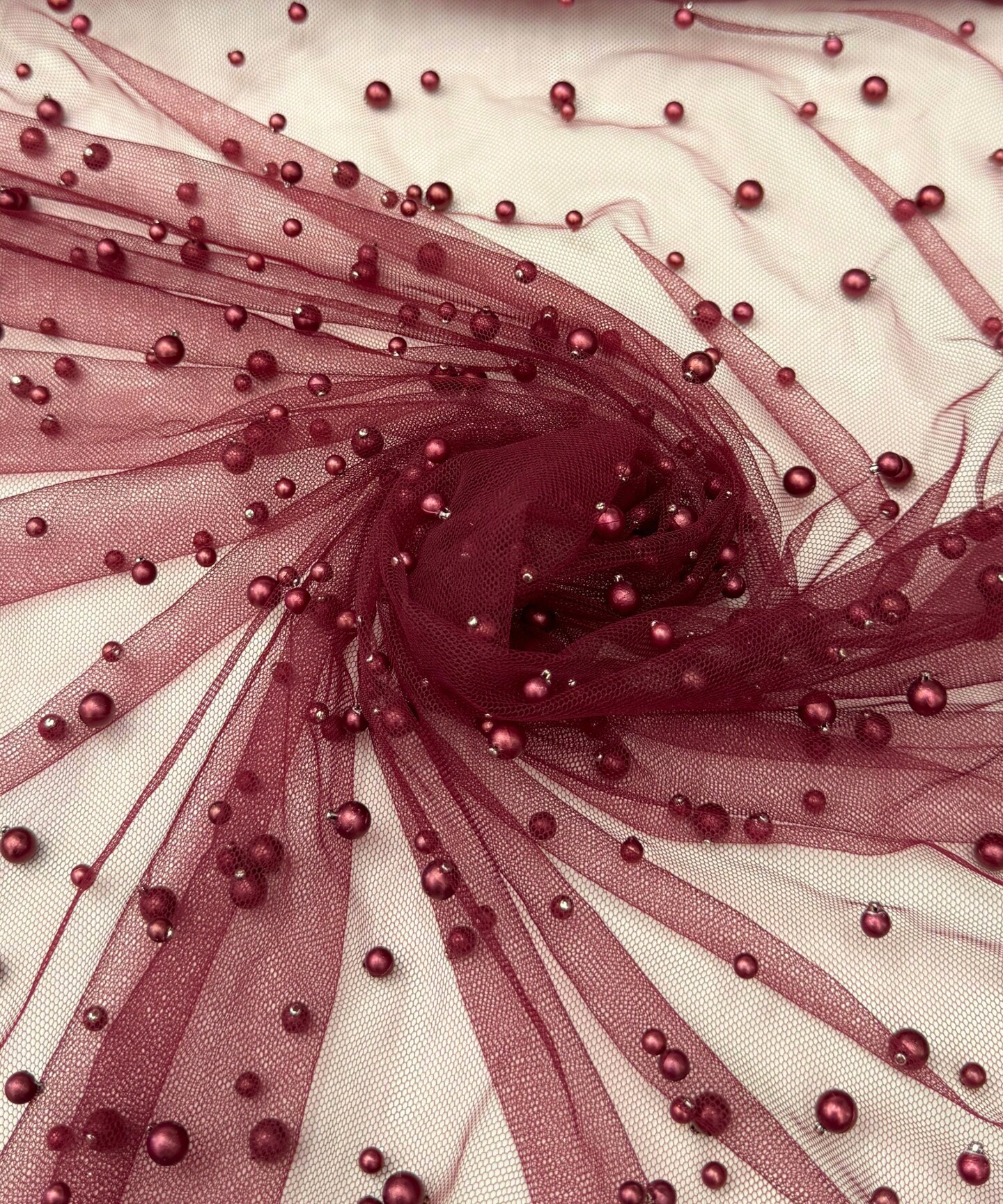 Burgundy Pearl Tulle Fabric by the Yard, 60" Wide Soft Pearl Scattered Mesh