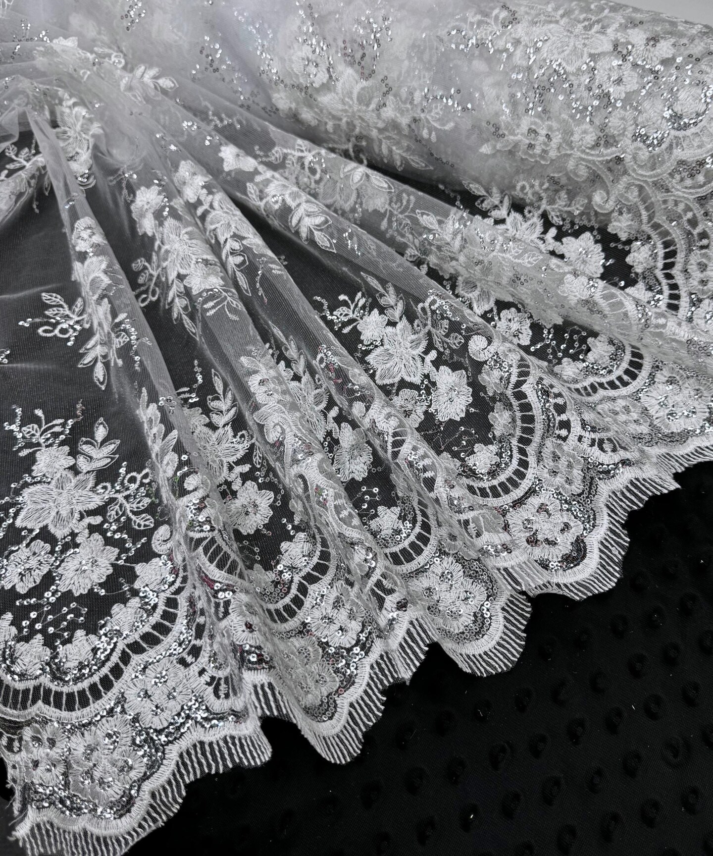 White Sequin Embroidered Lace Fabric by the Yard, 54" Wide Floral Mesh Lace with Double Scalloped Edges