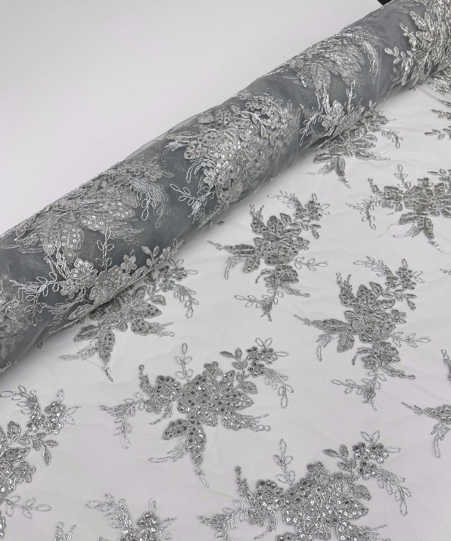 Silver Sequin Embroidered Lace Fabric by the Yard, 54" Wide Floral Mesh Lace with Double Scalloped Edges