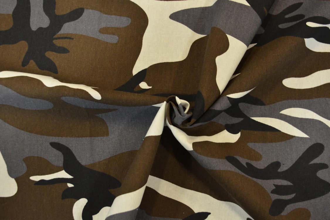 Grey Camouflage Cotton Print 100% Cotton Print Grey Brown Black Ivory Color