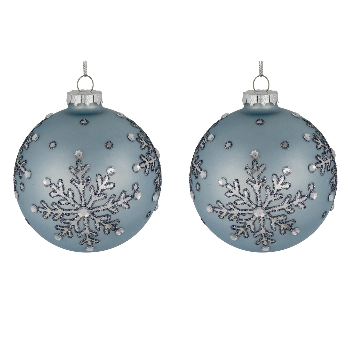 Northlight Mirror Glittered Snowflakes Christmas Glas Ball Ornaments - 4" - Steel Blue - Set of 2