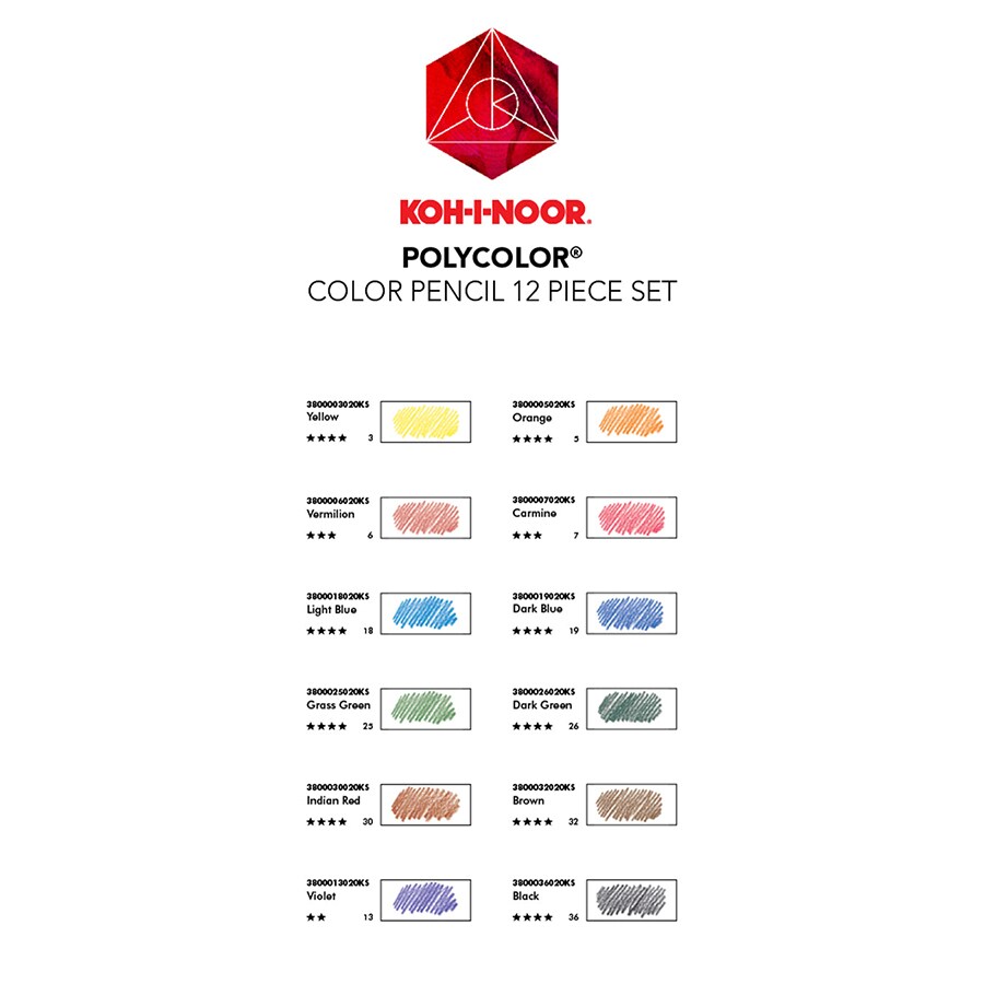 Koh-I-Noor Polycolor Drawing Pencil Set, 12 Assorted Colors in Tin
