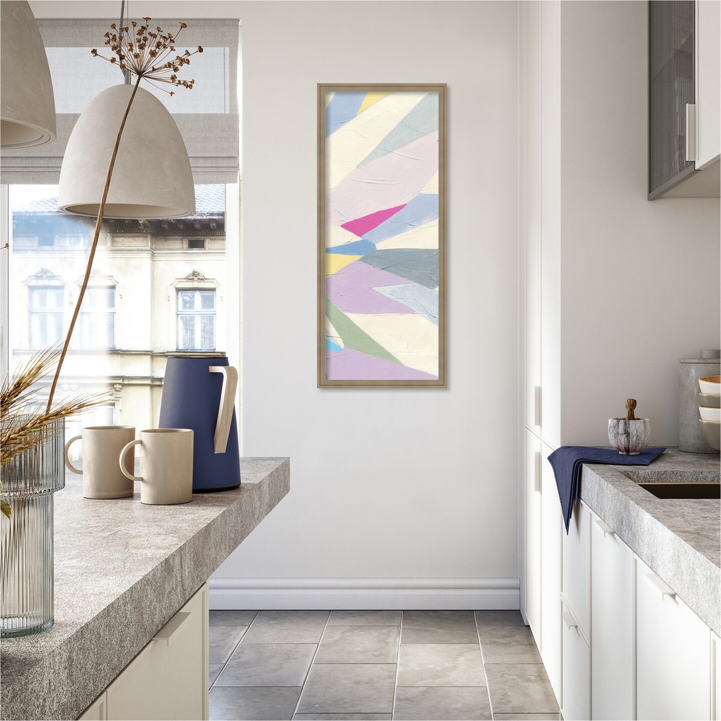 Amanti Art Framed Fabric Pinboard 18 x 42 Geometric Dahlia I Printed Bulletin Board for Use as a Vision Board or Wall Organization