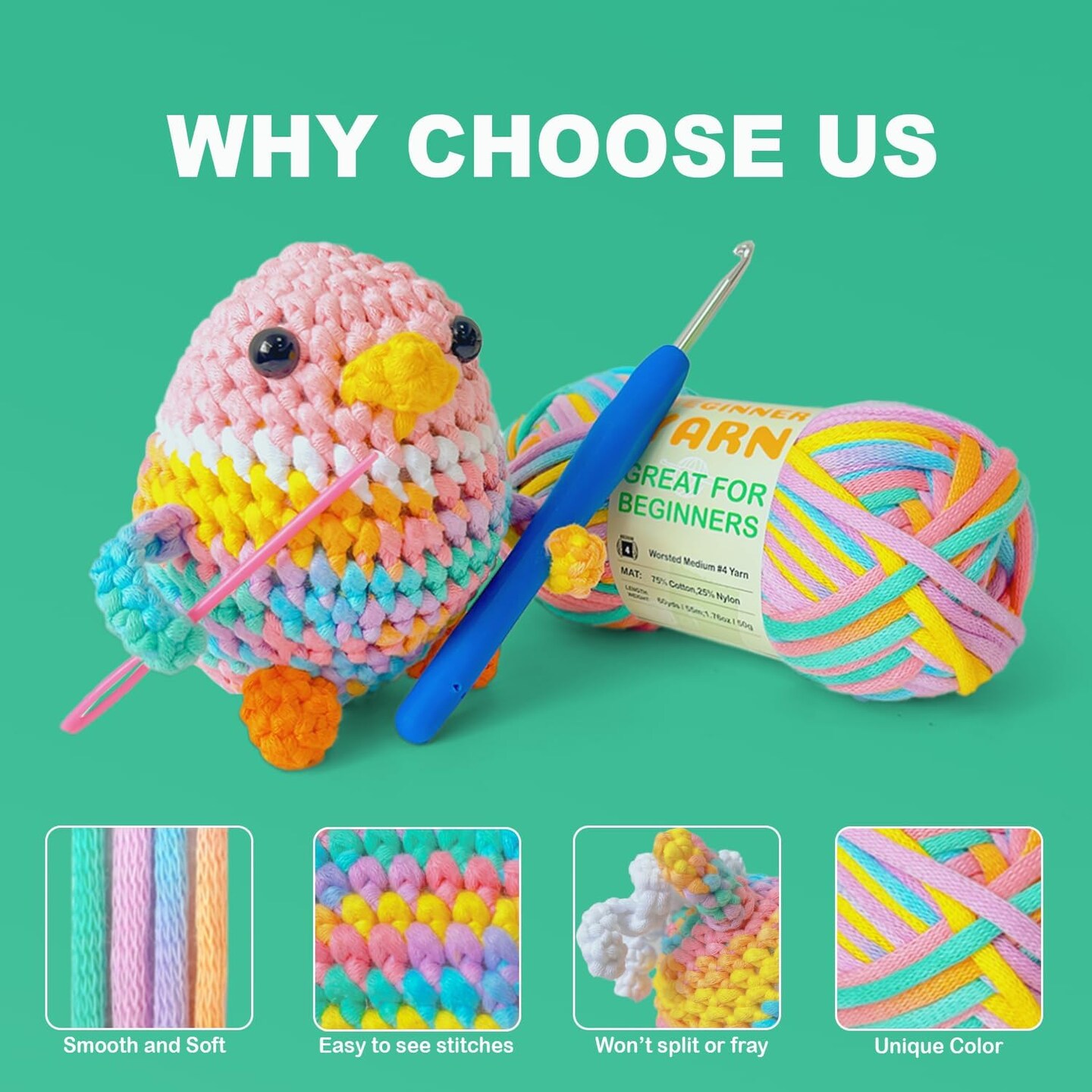 3-Pack Cotton-Nylon Beginner Yarn for Crocheting & Knitting – Worsted Medium #4, 3 × 50g / 1.76oz, 60yds Each – Easy-to-See Stitches, Amigurumi-Friendly Crochet Kit (Petal, Blue, Merry Pink)