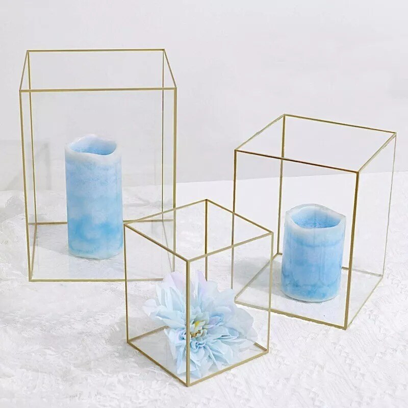 3 Clear Gold Acrylic with Metal Frame Pillar Candle Holders Party Decorations