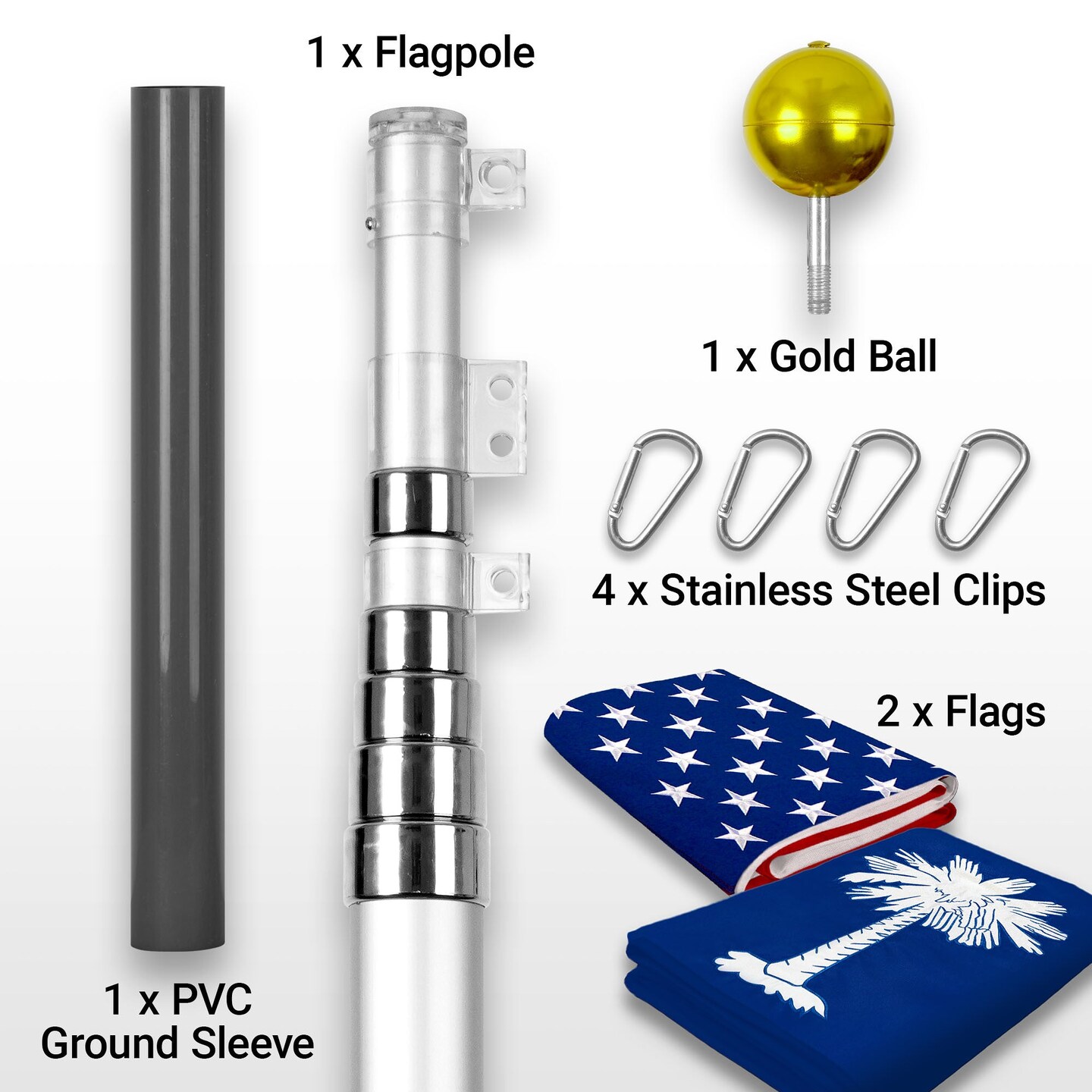 G128 Combo Pack: 25 Ft Telescoping Aluminum Flagpole (Silver) &#x26; American and South Carolina Flags 3x5 Ft, Both ToughWeave Series Embroidered Polyester | Pole with Flags Included