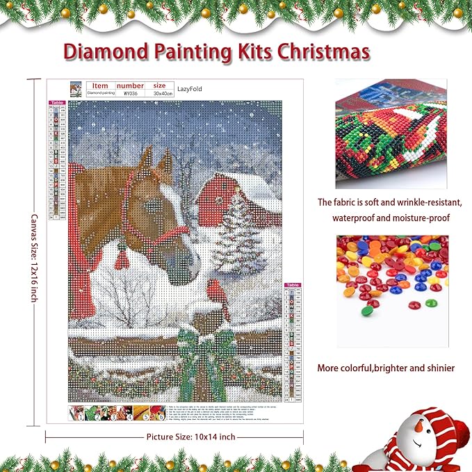 Christmas Bird Horse 5D DIY Diamond Painting Kits,Full Diamond Round Diamond Painting Beginners for Home Wall Decor and Craft Gifts(12 X 16 Inch)