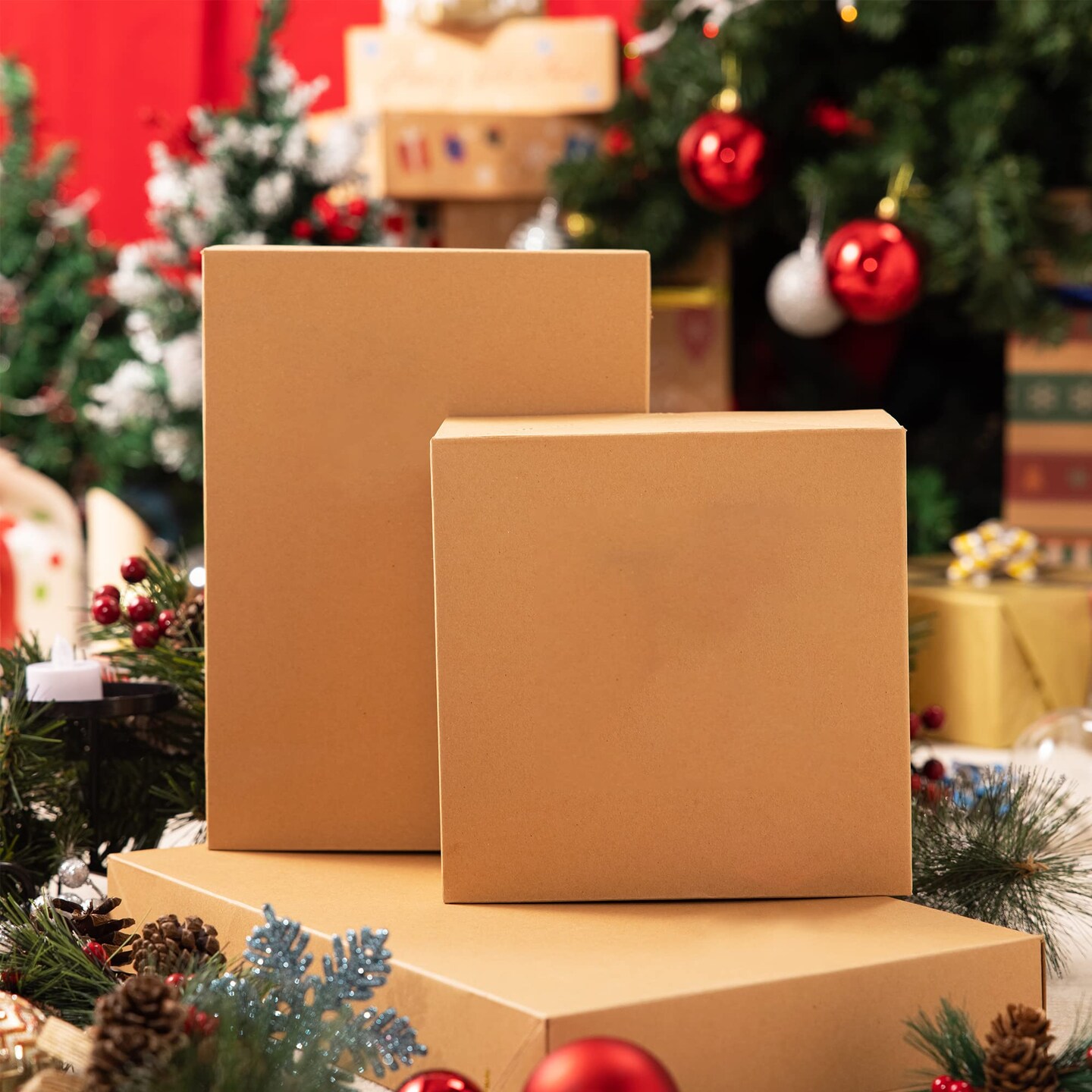 JOYIN 12 Pieces Brown Kraft Cardboard Boxes Gift Wrap for Christmas Holiday, Festive Xmas Wrapping Shirt and Lingerie Cupcake DIY Boxes, 4 Different Sizes Gifts Boxes