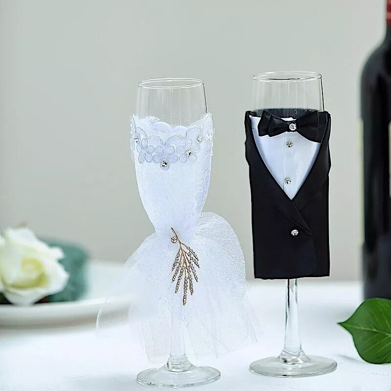 2 pcs 9&#x22; tall Clear Glass Tuxedo and Dress Champagne Wedding Toasting Flutes