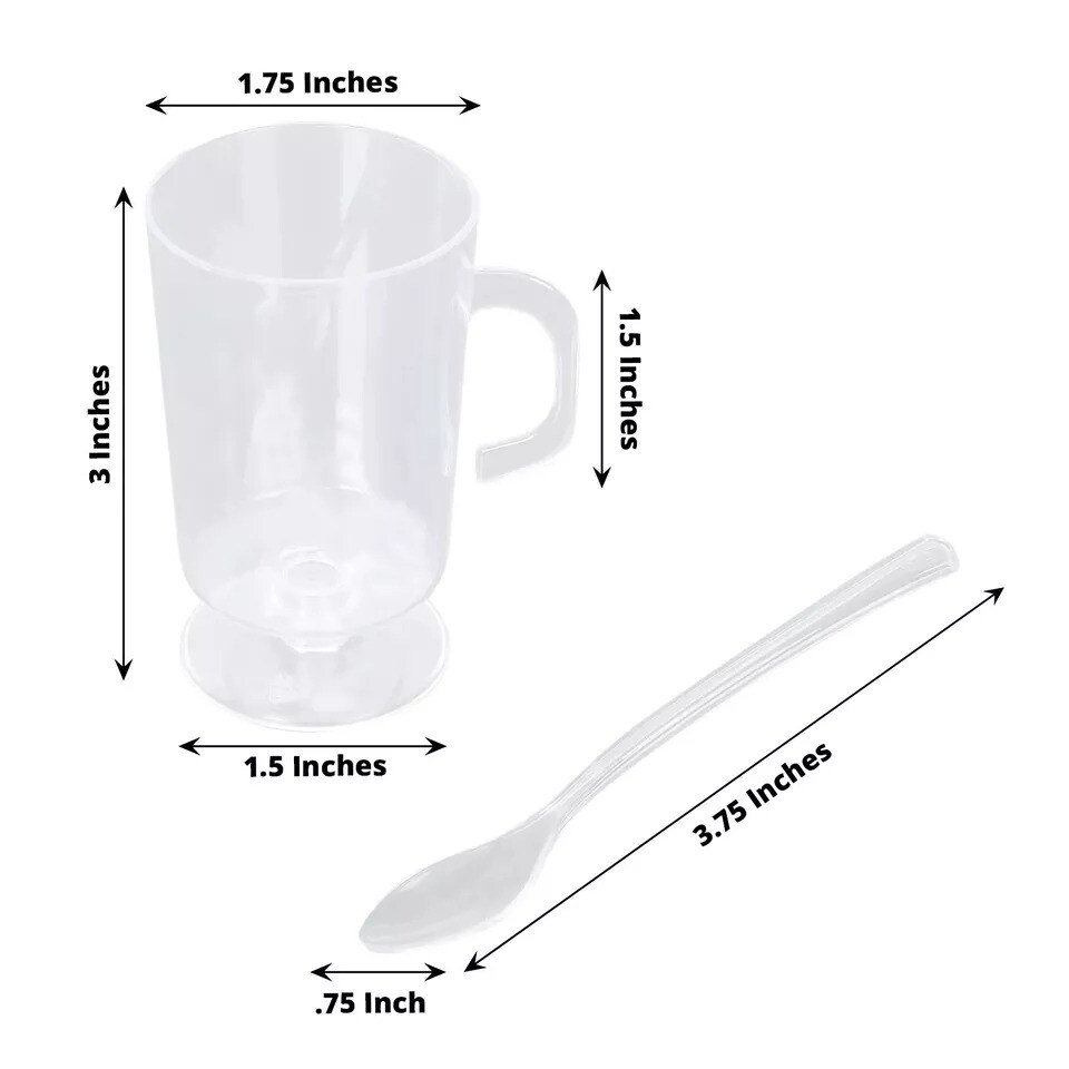 24 Clear 2 oz Mini Plastic Dessert Cups Handles Spoons Party Events Decorations