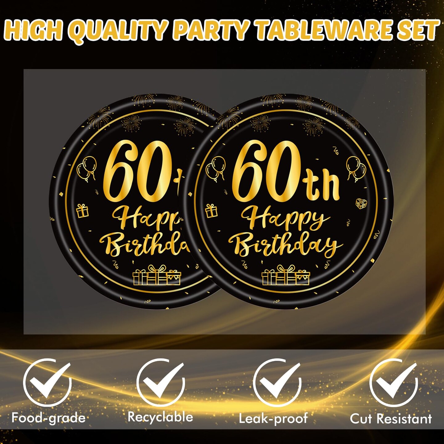 40PCS 60th Birthday Party Decorations 60th Theme Birthday Party Tableware Vintage 1964 Party Supplies 60 Year Old Birthday Party Decorations Plates Napkins Black and Gold Dinnerware Favors for Men