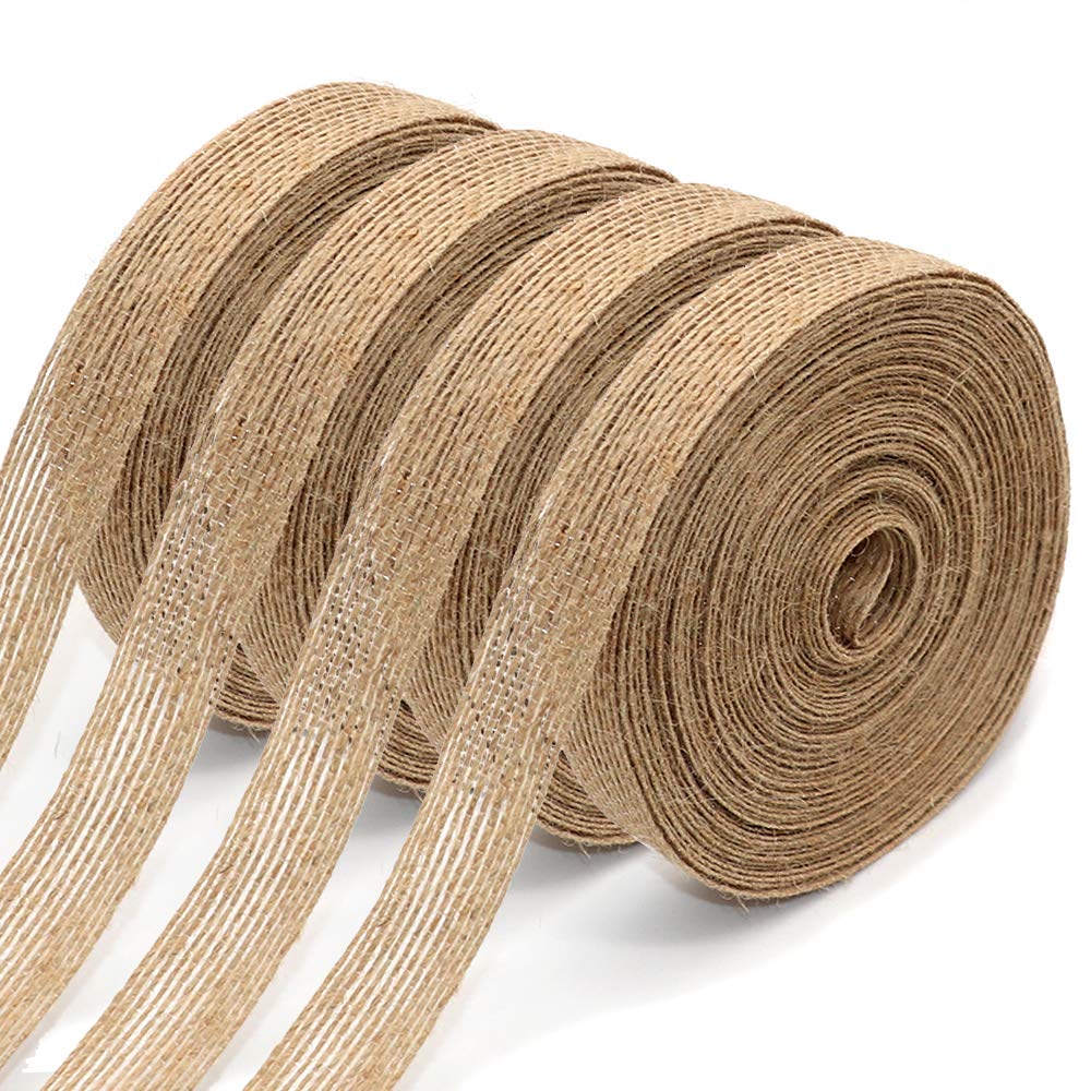 4 Rolls of Natural Burlap Fabric with Burlap Ribbon for Christmas Tree Gift Wrapping Wedding Event Party Home Bows Crafts Decoration, 11 Yards Long 0.8 inch Wide each Roll (Natural)