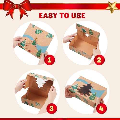 JOYIN 12 Foiled Kraft Christmas Cookie Boxes with Window 8.5&#x22; x 5.75&#x22; x 2.75&#x22;, Treat Boxes with 3 Designs for Pastries, Cupcakes, Brownies, Gift-Giving, Doughnut and Cookie, Brown Kraft Bakery Boxes