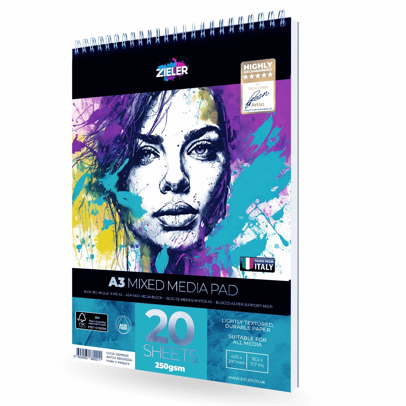 Zieler A3 Spiral Bound Mixed Media Paper Pad &#x2013; 250gsm, 20 sheets